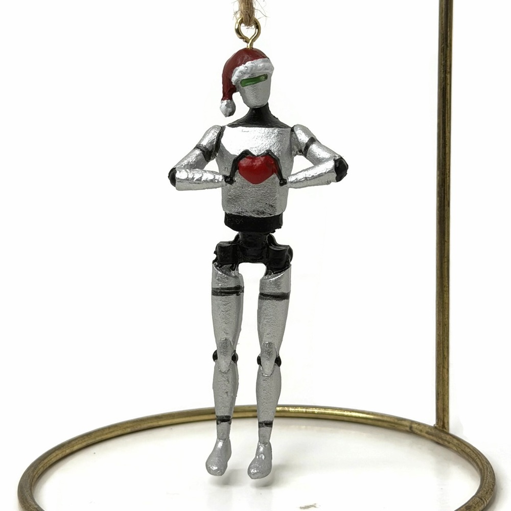 Bella Haus Silver Robot Red Heart Santa Hat Ornament